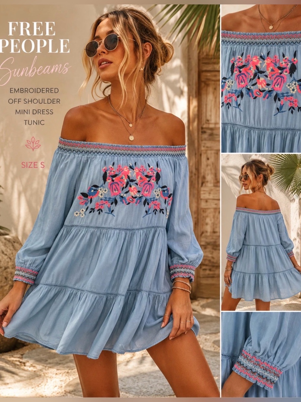 Free People Light Blue Embroidered Off-Shoulder Tunic Dress
